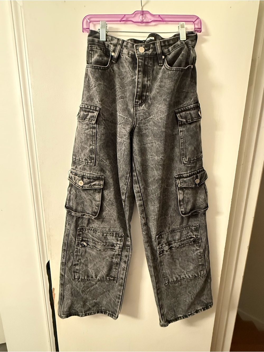 Fashion Nova Black/Grey Washed Wide Leg Cargo Jeans